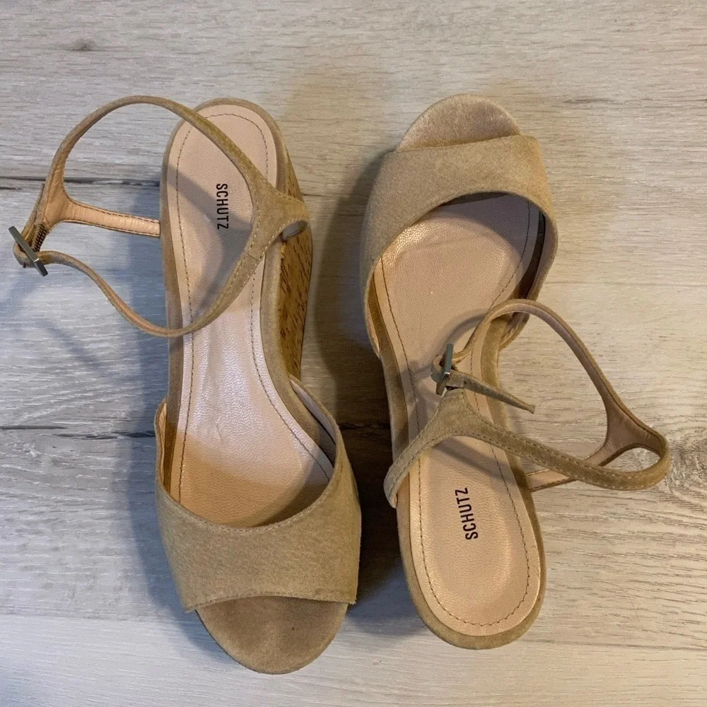 SCHUTZ Tan Cork and Suede Ankle Strap Platform Sandal, Size 8.5B